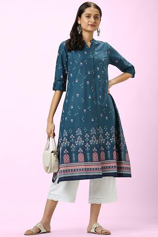 medium blue print casual mandarin 3/4th sleeves calf-length women regular fit kurta