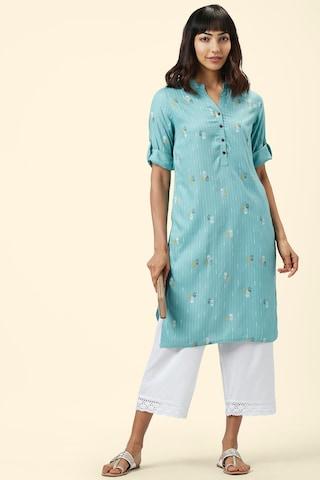 medium blue print casual mandarin 3/4th sleeves calf-length women regular fit kurta