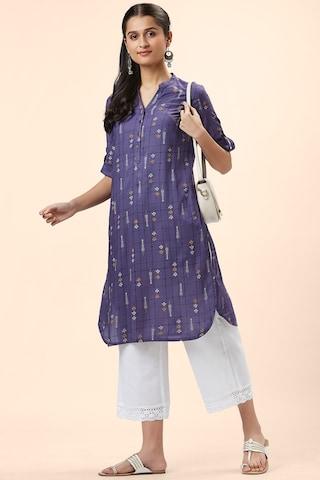 medium blue print casual mandarin 3/4th sleeves knee length women regular fit kurta