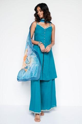 medium blue print casual sleeveless v neck women flared fit kurta dupatta palazzo set