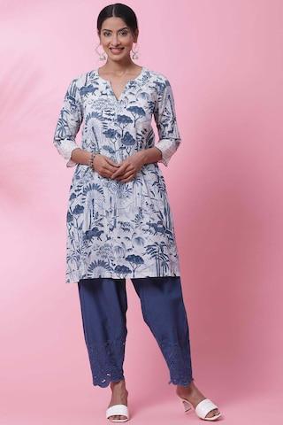 medium blue print ethnic 3/4th sleeves round neck women narrow fit kurta sets