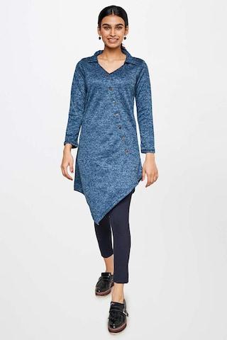 medium blue print polyester v neck women flared fit tunics