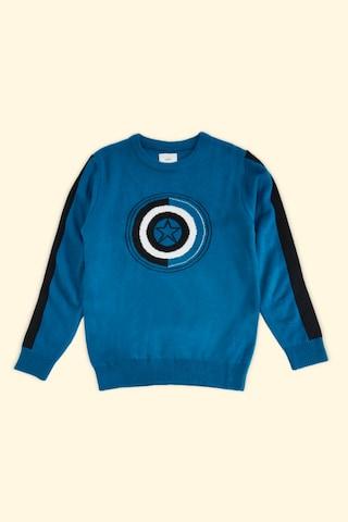 medium blue printed casual full sleeves crew neck boys regular fit sweater