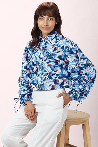 medium blue printed casual full sleeves regular collar women regular fit shirt