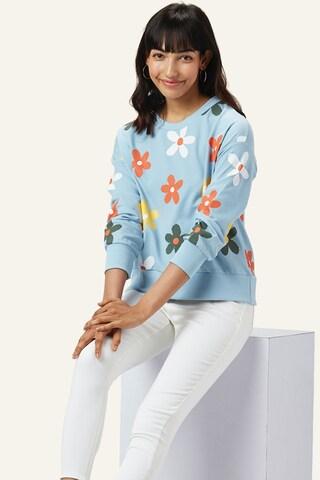 medium blue printed casual full sleeves round neck women regular fit sweatshirt