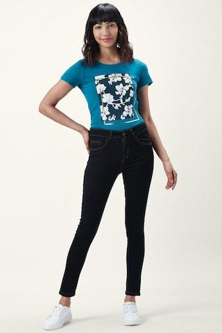 medium blue printed casual half sleeves round neck women regular fit t-shirt