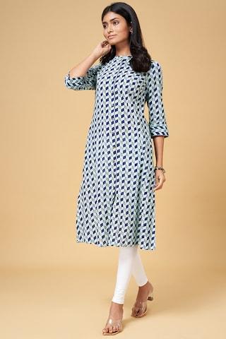 medium blue printed casual round neck 3/4th sleeves calf-length women regular fit kurta