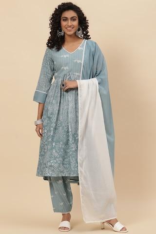 medium blue printed casual v neck 3/4th sleeves calf-length women slim fit kurta dupatta salwar set