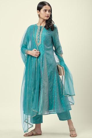 medium blue printed ethnic round neck 3/4th sleeves calf-length women regular fit kurta pant dupatta set