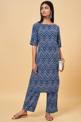 medium blue printed ethnic round neck elbow sleeves calf-length women regular fit kurta pant set