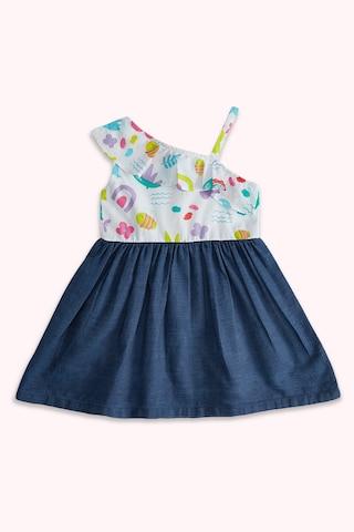 medium blue printed one-shoulder casual knee length sleeveless baby regular fit dress