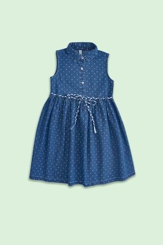 medium blue printed regular collar casual knee length sleeveless girls regular fit dress