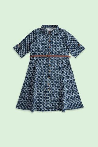 medium blue printed regular collar ethnic calf-length 3/4th sleeves girls regular fit dress