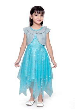 medium blue printed round neck party knee length cap sleeves girls regular fit dress