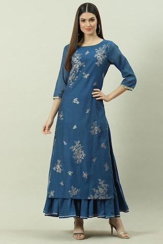 medium blue printeded round neck ethnic ankle-length 3/4th sleeves women flared fit dress set