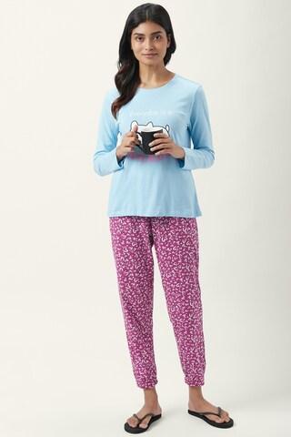 medium blue printeded round neck full sleeves women comfort fit t-shirt & pyjama set