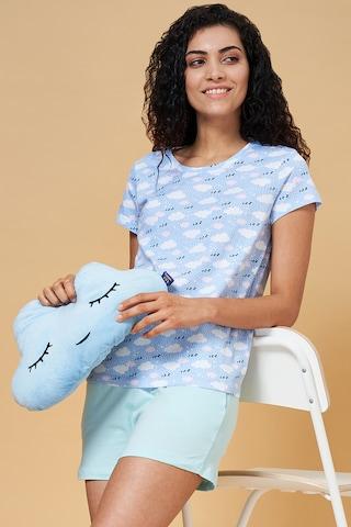 medium blue printeded round neck short sleeves women comfort fit t-shirt & short set