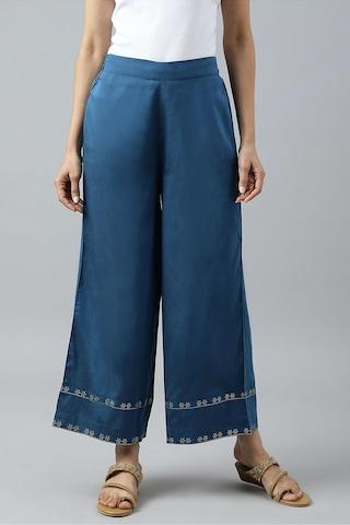 medium blue solid ankle-length casual women regular fit palazzo