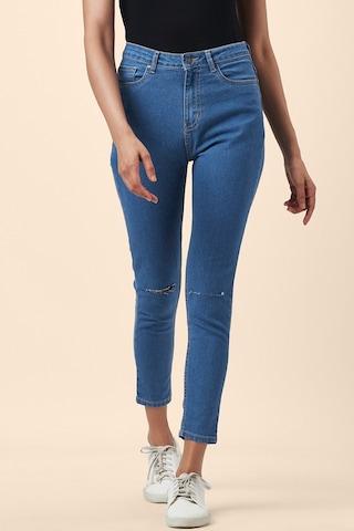 medium blue solid ankle-length casual women skinny fit jeans