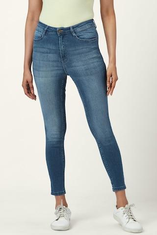 medium blue solid ankle-length casual women skinny fit jeans