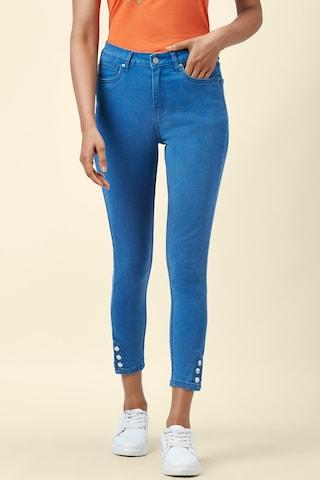 medium blue solid ankle-length casual women slim fit jeans