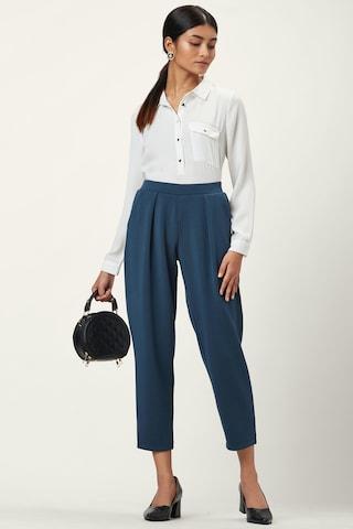 medium blue solid ankle-length formal women regular fit trouser