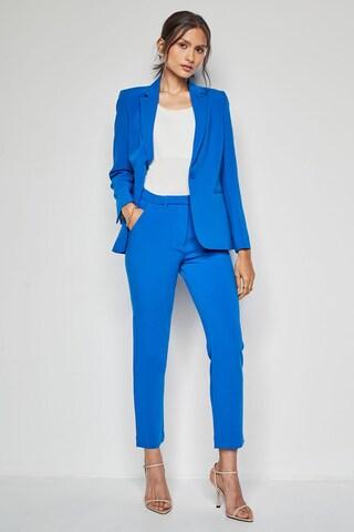 medium blue solid ankle-length formal women tapered fit trousers