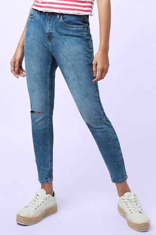 medium blue solid ankle-length mid rise casual women slim fit jeans