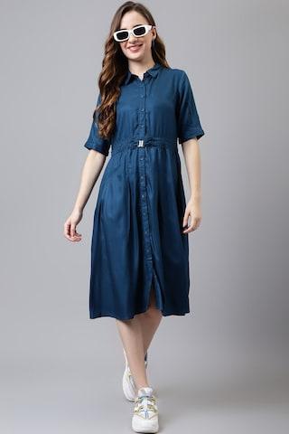 medium blue solid calf-length party women flared fit dress