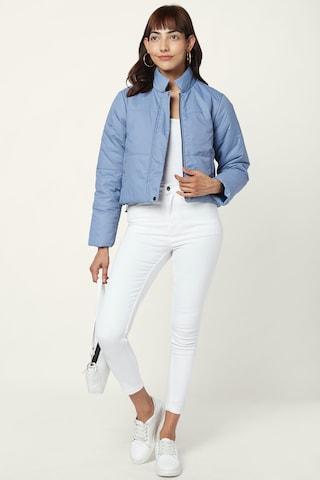 medium blue solid casual full sleeves high neck women crop fit jacket