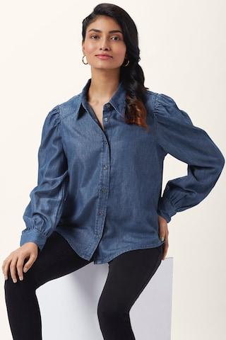 medium blue solid casual full sleeves regular collar women regular fit shirt
