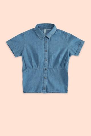 medium blue solid casual half sleeves regular collar girls regular fit blouse