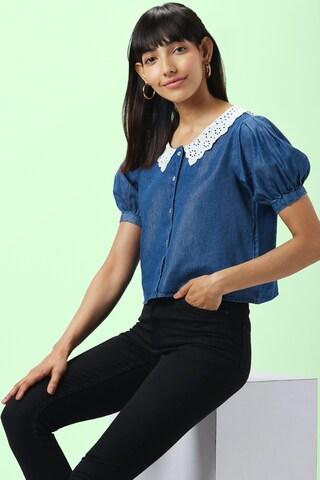 medium blue solid casual half sleeves round neck women regular fit top