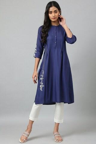 medium blue solid casual mandarin 3/4th sleeves women straight fit kurta