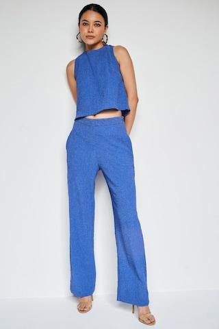 medium blue solid casual sleeveless round neck women comfort fit coordinates set