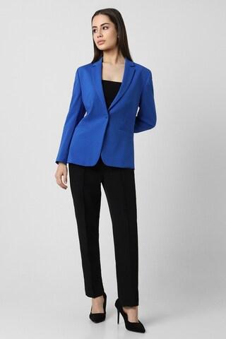 medium blue solid cotton notch lapel women regular fit blazers