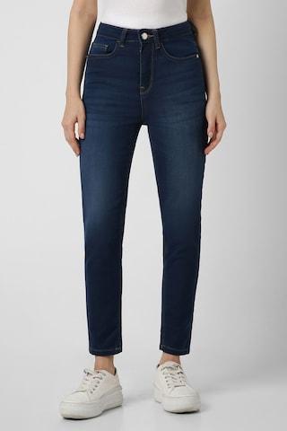 medium blue solid cotton women skinny fit jeans