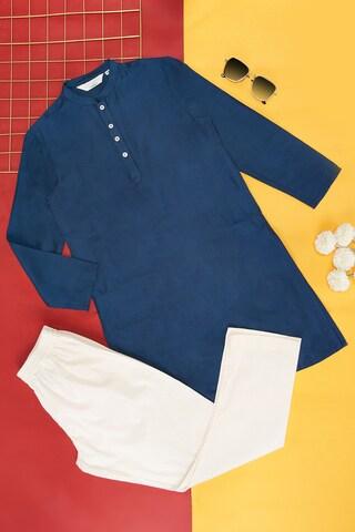 medium blue solid ethnic full sleeves mandarin collar boys regular fit  pant kurta set