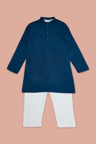 medium blue solid ethnic mandarin full sleeves calf-length boys regular fit pant kurta set