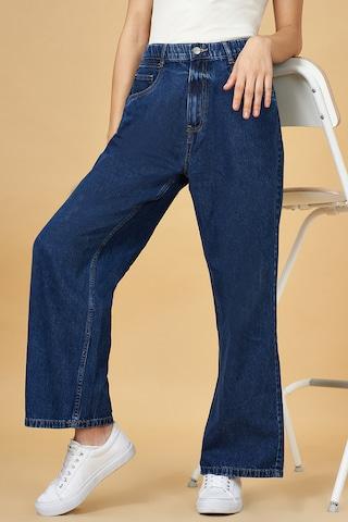 medium blue solid full length  casual women wide leg  jeans