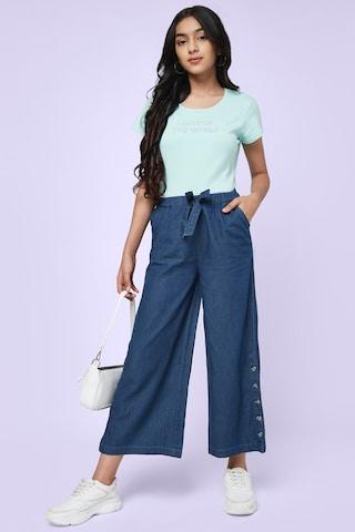 medium blue solid full length casual girls regular fit trouser