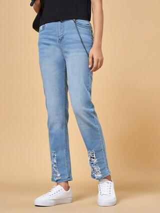 medium blue solid full length high rise casual girls regular fit jeans