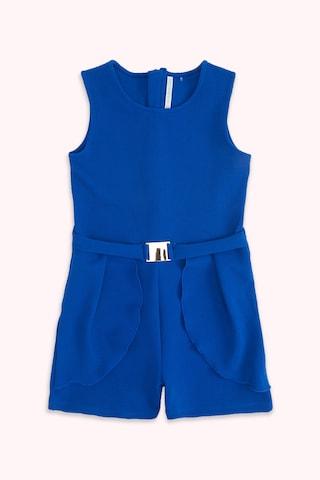 medium blue solid round neck party knee length sleeveless girls regular fit jumpsuit