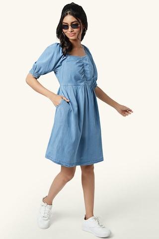 medium blue solid square neck casual above knee length half sleeves women regular fit dress