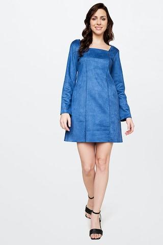 medium blue solid square neck casual thigh-length full sleeves women straight fit dress