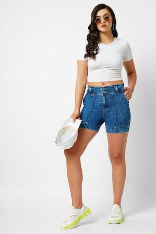 medium blue solid thigh-length high rise casual women slim fit shorts