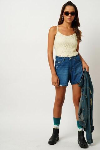 medium blue solid thigh-length high rise casual women slim fit shorts