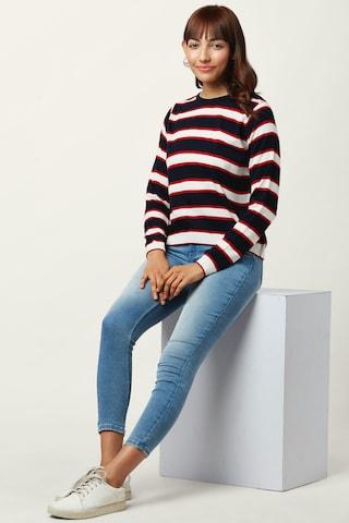 medium blue stripe casual full sleeves round neck women regular fit sweater