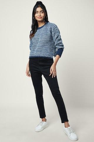 medium blue stripe casual full sleeves round neck women regular fit sweater