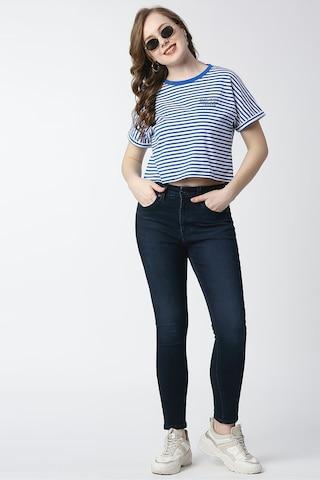 medium blue stripe casual short sleeves crew neck women slim fit t-shirt